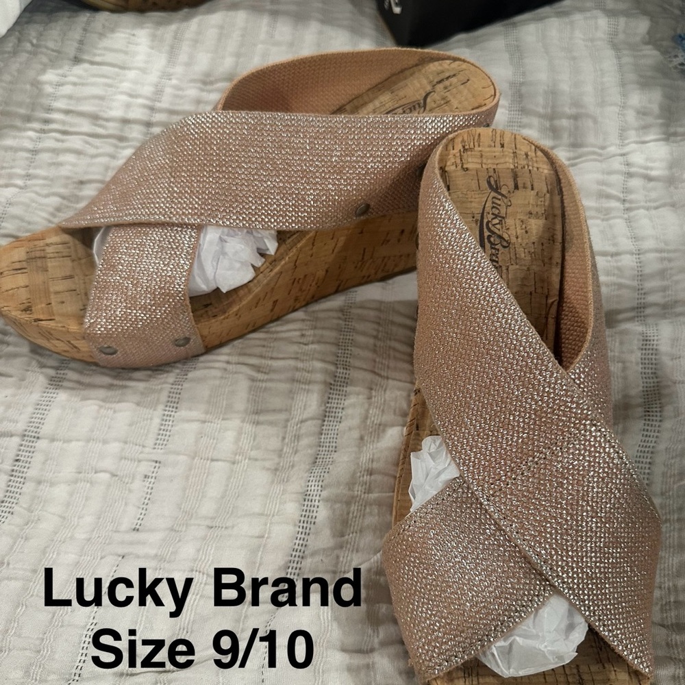 Lucky Brand Rose Gold Crisscross Cork Wedge Sandals